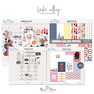 Londres llamando a la colección de álbumes de recortes digitales, elementos y papeles digitales de Londres, tarjetas de viaje imprimibles, sellos e imágenes prediseñadas digitales de Londres