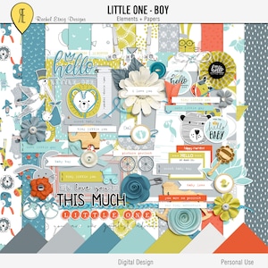 Little one Boy digital scrapbooking kit, Baby boy mixed media digital elements, Digital nursery papers, Printable baby boy wrapping papers