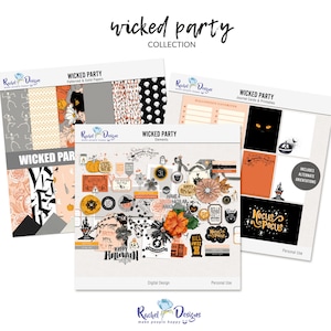 Coleção de scrapbooking digital Wicked Party, elementos de mistura digital de Halloween, papéis digitais de Halloween, cartões de diário imprimíveis de Halloween