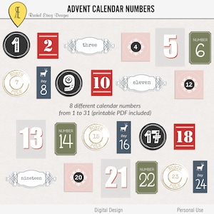 Printable advent calendar numbers, Digital Christmas countdown stickers, Christmas advent calendar numbers, Digital advent calendar numbers