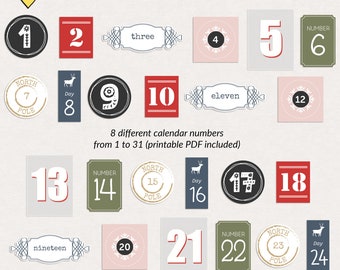 Printable advent calendar numbers, Digital Christmas countdown stickers, Christmas advent calendar numbers, Digital advent calendar numbers
