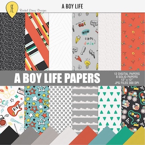 Un pacchetto di carta digitale Boy Life, carte da scrapbooking per ragazzi stampabili, pacchetto di carte digitali per bambini, carta decorativa per ragazzi digitali, carta da imballaggio per ragazzi