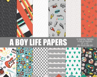 A Boy Life digital paper pack, Printable boys scrapbook papers, Kids digital papers pack, Digital boys decor paper, Boys wrapping paper