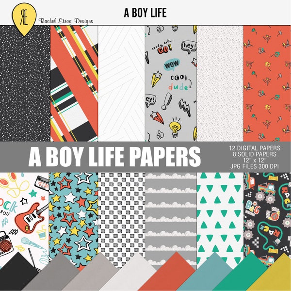 A Boy Life digital paper pack, Printable boys scrapbook papers, Kids digital papers pack, Digital boys decor paper, Boys wrapping paper