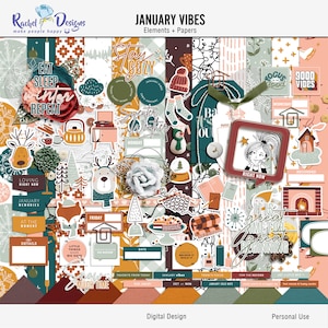 Kit de scrapbooking digital January Vibes, papeles de patrón imprimibles de enero, papeles digitales de invierno, elementos digitales de medios mixtos de invierno de enero