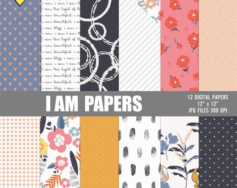 Feminine digital paper pack, Girly floral scrapbooking Paper pack, I AM digital papers, Feminine decor papers, Abstract wrapping papers