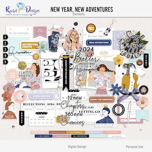 New year new adventures digital scrapbook elements, New year digital craft elements, New year mix media elements, New year hybrid elements