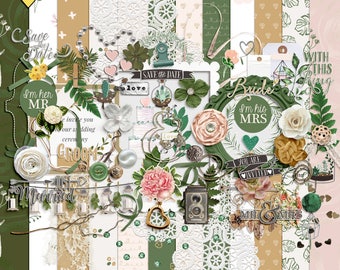 Digital scrapbooking botanical wedding, Digital wedding elements, Botanical wedding scrapbook embellishments, Wedding scrapbook kit