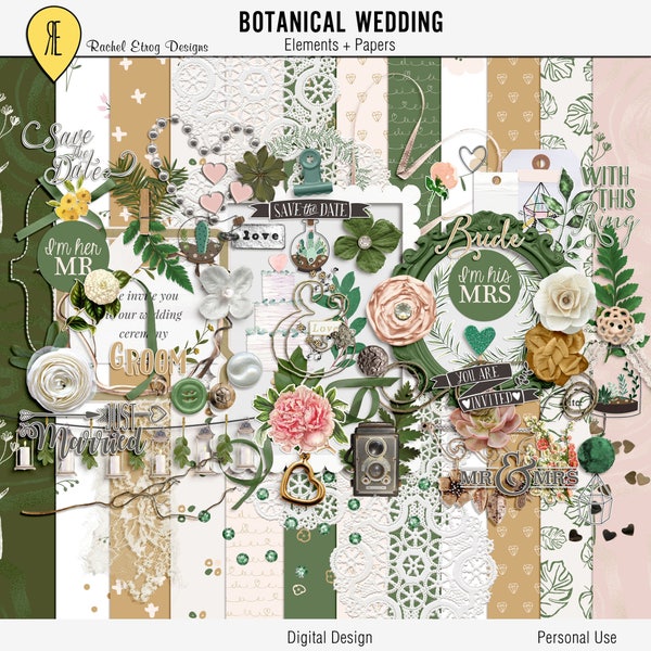 Digital scrapbooking botanical wedding, Digital wedding elements, Botanical wedding scrapbook embellishments, Wedding scrapbook kit