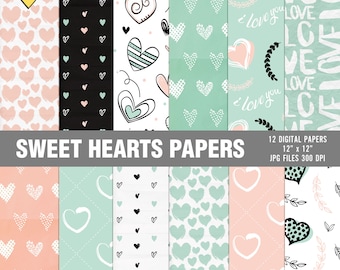 Heart digital papers, Valentine's digital paper, Love digital paper, Valentine's day hearts, Pink and blue digital papers, Scrapbook papers