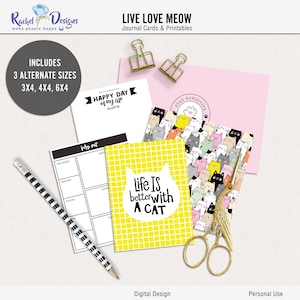 Live Love Meow digital journal cards, Printable cats digital pocket cards, Digital cats project life, Cats theme journal cards