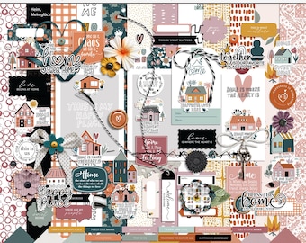 Home digital scrapbooking kit, Family digital scrapbook elements, Home digital papers, Family printable elements, Home hybrid