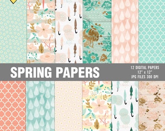 Spring digital papers, Scrapbooking digital papers, Floral digital papers, Pastel digital papers, Spring digital paper pack, Printable paper