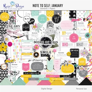 Op de afbeelding: Een digitale collage van kleurrijke papieren en afbeeldingen met de woorden "Note to Self: January" en "Elements + Papers". De collage bevat afbeeldingen van bloemen, sterren, regenbogen en geometrische vormen. De tekst "Keep Going, Keep Growing!" is ook inbegrepen.