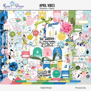 Kit de scrapbooking digital April Vibes, papéis padrão para impressão de abril, papéis digitais de primavera, elementos de mídia digital mix de jardim de primavera