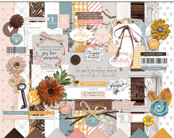 Grateful Heart digital scrapbooking kit, Autumn scrapbook elements, Digital grateful heart craft papers, Printable scrapbooking elements