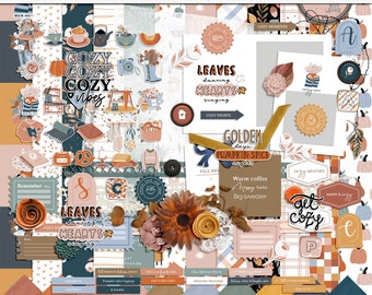Get cozy digital scrapbooking kit, Autumn digital scrapbook elements, Autumn digital papers, Autumn printable elements, Fall hybrid