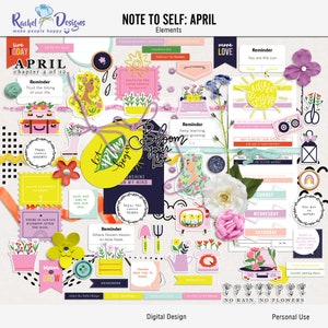 Nota para si mesmo Elementos de scrapbooking digital de abril, Elementos para impressão de abril, Elementos híbridos de primavera, Elementos de primavera digital de mídia mista