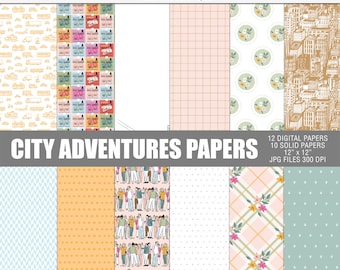 Paquete de papel digital de aventuras de la ciudad, Documentos de viaje imprimibles, Papeles de álbum de recortes de viajes digitales, Patrones de ciudades digitales artesanales, Documentos de viaje