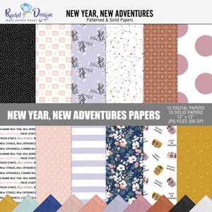 May include: Twelve digital papers featuring a variety of patterns and solid colours. The patterns include polka dots, hearts, flowers, stripes, and geometric designs. The solid colours include black, white, pink, blue, brown, and yellow. The papers are 12 inches by 12 inches and are 300 DPI.