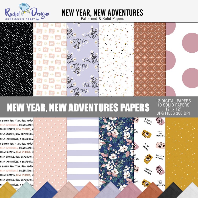 May include: Twelve digital papers featuring a variety of patterns and solid colours. The patterns include polka dots, hearts, flowers, stripes, and geometric designs. The solid colours include black, white, pink, blue, brown, and yellow. The papers are 12 inches by 12 inches and are 300 DPI.