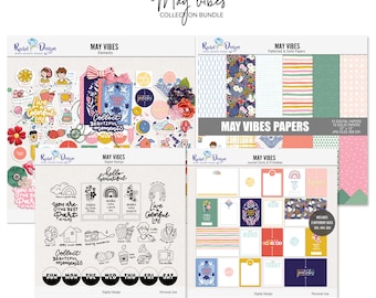 May Vibes digital scrapbook collection, May digital elements and papers, Printable spring cards, Digital everyday stamps and cliparts