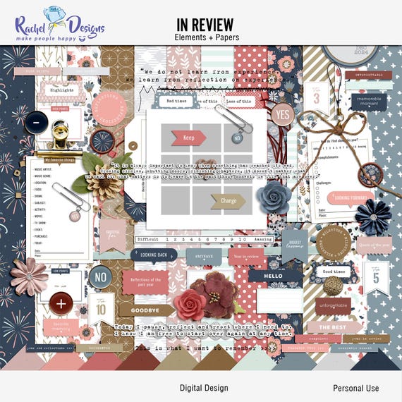 In review digital scrapbooking kit, Digital new year paper pack, New year mix media element, New year craft elements and papers