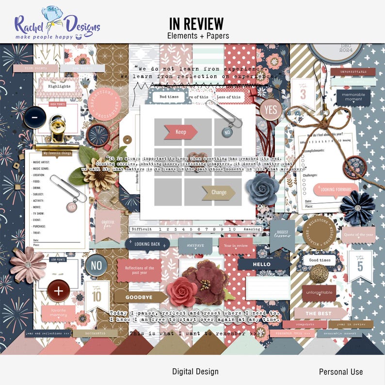 May include: A digital scrapbooking kit with a blue, pink, and brown color scheme. The kit includes various papers, elements, and quotes. The text "In Review" is at the top of the image. The text "We do not learn from experience, we learn from reflection on experience" is in the center of the image. The text "Digital Design" is at the bottom left of the image. The text "Personal Use" is at the bottom right of the image.