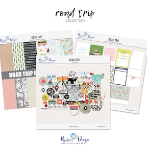 Road trip digital scrapbooking collection, Road trip digital elements, Digital craft travel papers, Road trip printable pocket cards