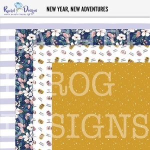 May include: A digital paper pack featuring three different patterns. The first pattern is a blue background with white flowers and pink buds. The second pattern is a white background with a repeating pattern of cameras and the text "Collect the Moments". The third pattern is a yellow background with white stars and the text "ROG SIGNS".