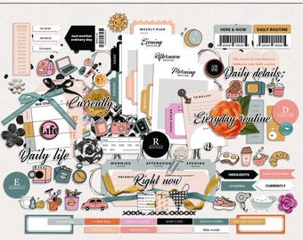 Elementi digitali di routine quotidiana, Elementi di scrapbooking artigianale, Pacchetto di elementi digitali di scrapbooking quotidiano, Elementi di scrapbooking digitale