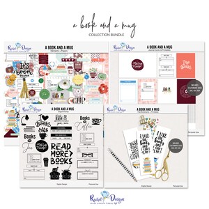 Un livre et une tasse de collection de scrapbooking numérique, des éléments et des papiers numériques pour la lecture, des cartes de poche pour l'amour des livres à imprimer, des tampons sur le thème de la lecture