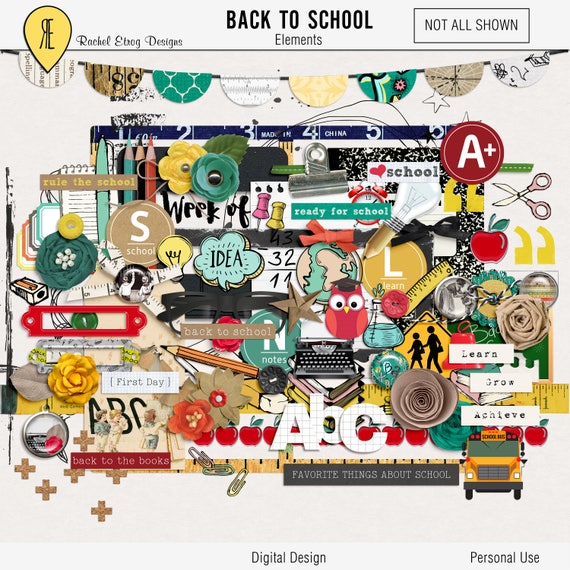 Digital scrapbooking kits back to school, Digital back to school elements,  School scrapbook embellishment, Back to school scrapbook kit