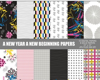 A New year a new beginning digital paper pack, Abstract printable papers, New year scrapbooking papers, Digital neon craft papers pack