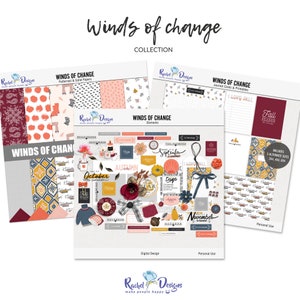 Coleção de scrapbooking digital Winds of Change, Elementos de mix digital de outono, Papéis digitais de outono, Cartões de diário para impressão de outono