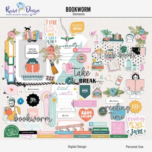 May include: A digital scrapbooking kit with colorful illustrations and text related to reading and books. The kit includes phrases like "I love books", "Bookworm", "Take a Break", and "Reading is my Jam".