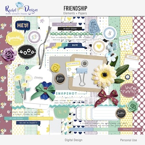 Kit di scrapbooking digitale dell'amicizia, elementi multimediali misti di amici digitali, elementi ibridi, documenti astratti digitali, documenti artigianali digitali