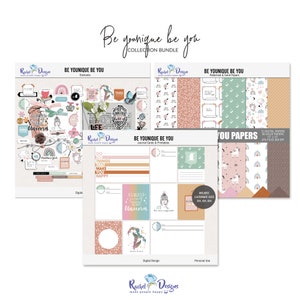 Colección de scrapbooking digital "Be younique be you", Papeles femeninos imprimibles, Elementos digitales de técnica mixta "Amor propio", Tarjetas de bolsillo imprimibles