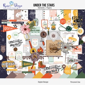Kit de scrapbooking numérique sous les étoiles, papiers à motifs pour l'extérieur, papiers de camping numériques, éléments numériques mixtes, hybride de camping