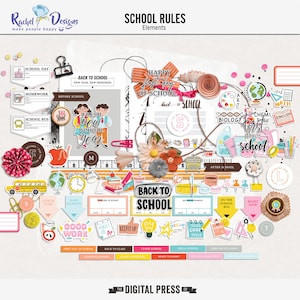 Op de afbeelding: Een kleurrijke set digitale scrapbook-elementen met een terug naar school thema. De elementen omvatten een schoolbus, een klok, een lunchbox, een boek, een potlood, een liniaal, een aardbol, een rugzak, een gloeilamp, een afstudeerhoed en meer. De elementen zijn in verschillende kleuren, waaronder rood, geel, blauw, groen en oranje.