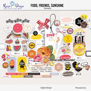 May include: A digital scrapbook kit with colorful illustrations and text related to food, friends, and sunshine. The kit includes elements like a watermelon, a grill, a chef's hat, and a variety of food-related phrases.