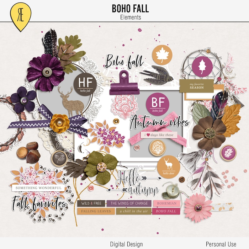 Boho Fall Digital Scrapbooking Kit Autumn Embellishments Etsy