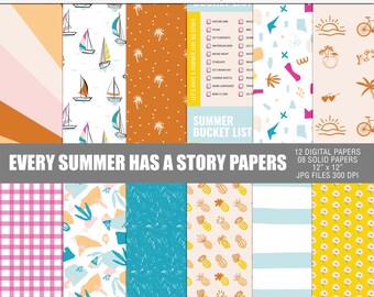 Pakiet papieru cyfrowego Every summer has a story, Letnie papiery do scrapbookingu cyfrowego, Letnie papiery do druku, Abstrakcyjny papier do rękodzieła cyfrowego