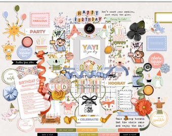 Éléments de scrapbooking numériques hip hip hourra, Éléments de scrapbooking numériques techniques mixtes, Éléments hybrides imprimables de scrapbooking d&#39;anniversaire