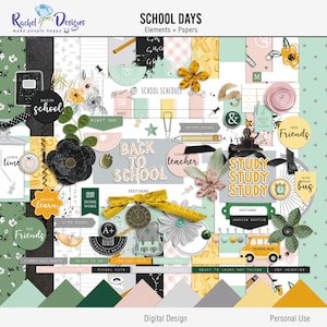 Kit de scrapbooking digital para dias escolares, Elementos e papéis escolares digitais, Padrões para impressão escolar, Elementos de mídia digital mix escolar