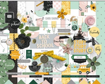 School Days digital scrapbooking kit, Digital school elements and papers, School printable patterns, School digital mix media elements