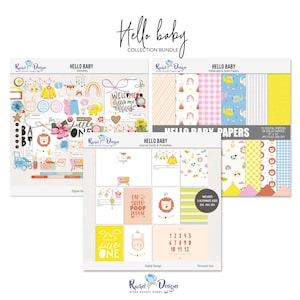 Hello baby digital scrapbook collection, Baby digital elements and papers, Printable baby cards, Baby hybrid elements, Baby craft papers