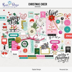 Christmas cheer digital scrapbook elements, Christmas digital craft elements, Printable xmas mix media elements, Christmas hybrid elements