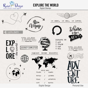 Ontdek de wereld digitale postzegels en penselen, digitale reispostzegels, digitale illustraties voor reizen, digitale avontuurpostzegels, digitale reisborstel