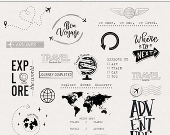 May include: A set of black and white digital stamps with a travel theme. The stamps feature images of airplanes, globes, and text such as "Explore the World", "Bon Voyage", "Travel Bucket List", "Journey Completed", "Explore by Air, Train, Car, Bus", "Where to Next?", "Travel Notes", "Adventure", and "Which One?" The stamps are designed for personal use.